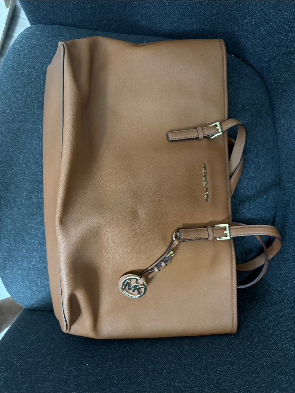 Michael Kors Saffiano Leather Tote in Caramel Brown with Gold Hardware